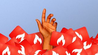 Illustration of a hand reaching up out of a pile of notification icons with flames